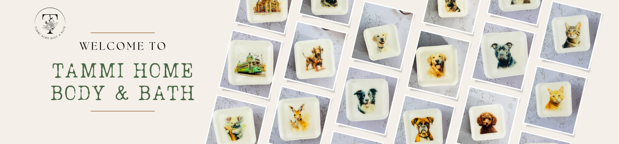 Collage of Tammi Home's handmade artisanal soaps showcasing pet portrait designs and Australiana range