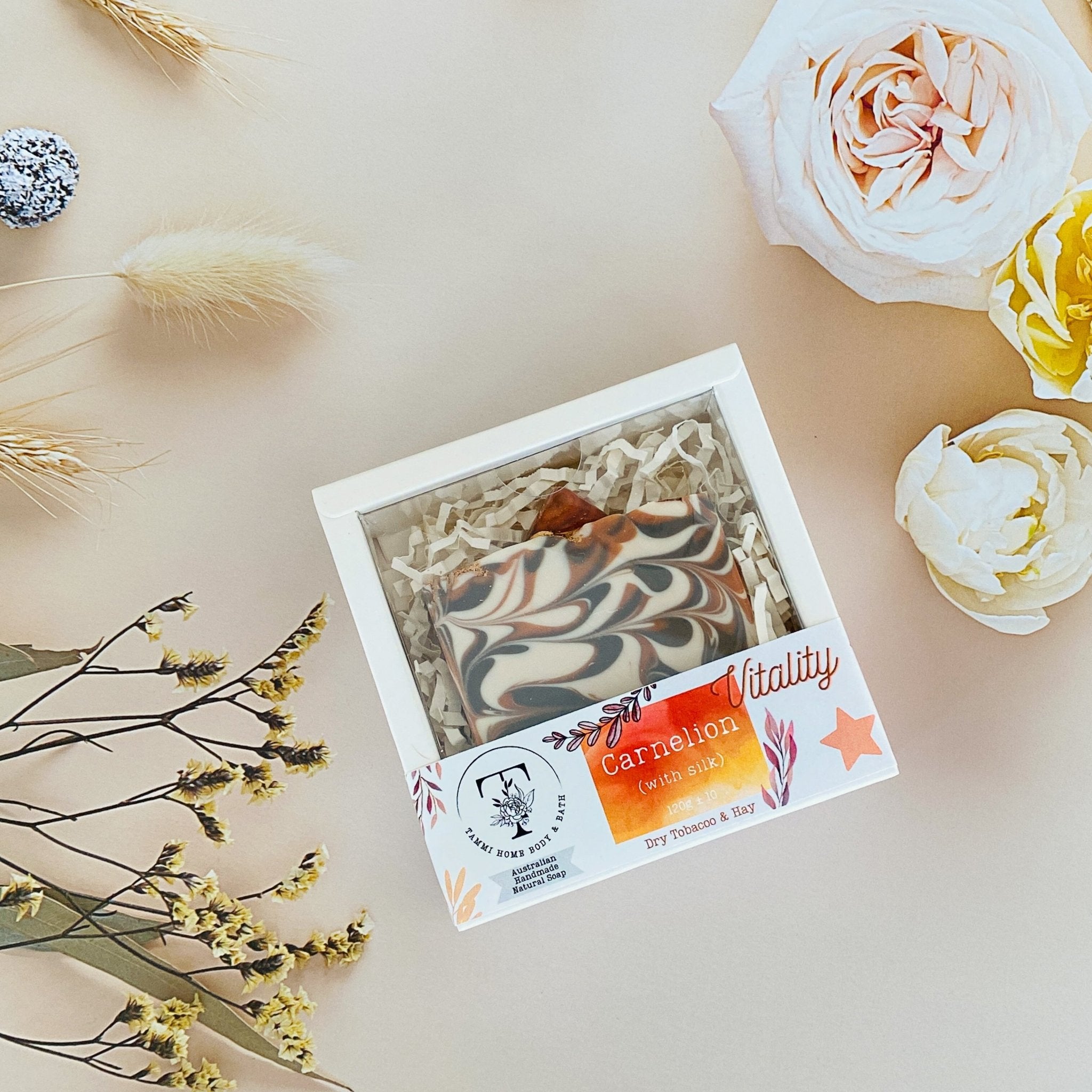 Luxury Artisanal Handmade Soap | Carnelion Gemstone with Silk | Dry Tobacco & Hay Scent - Tammi Home