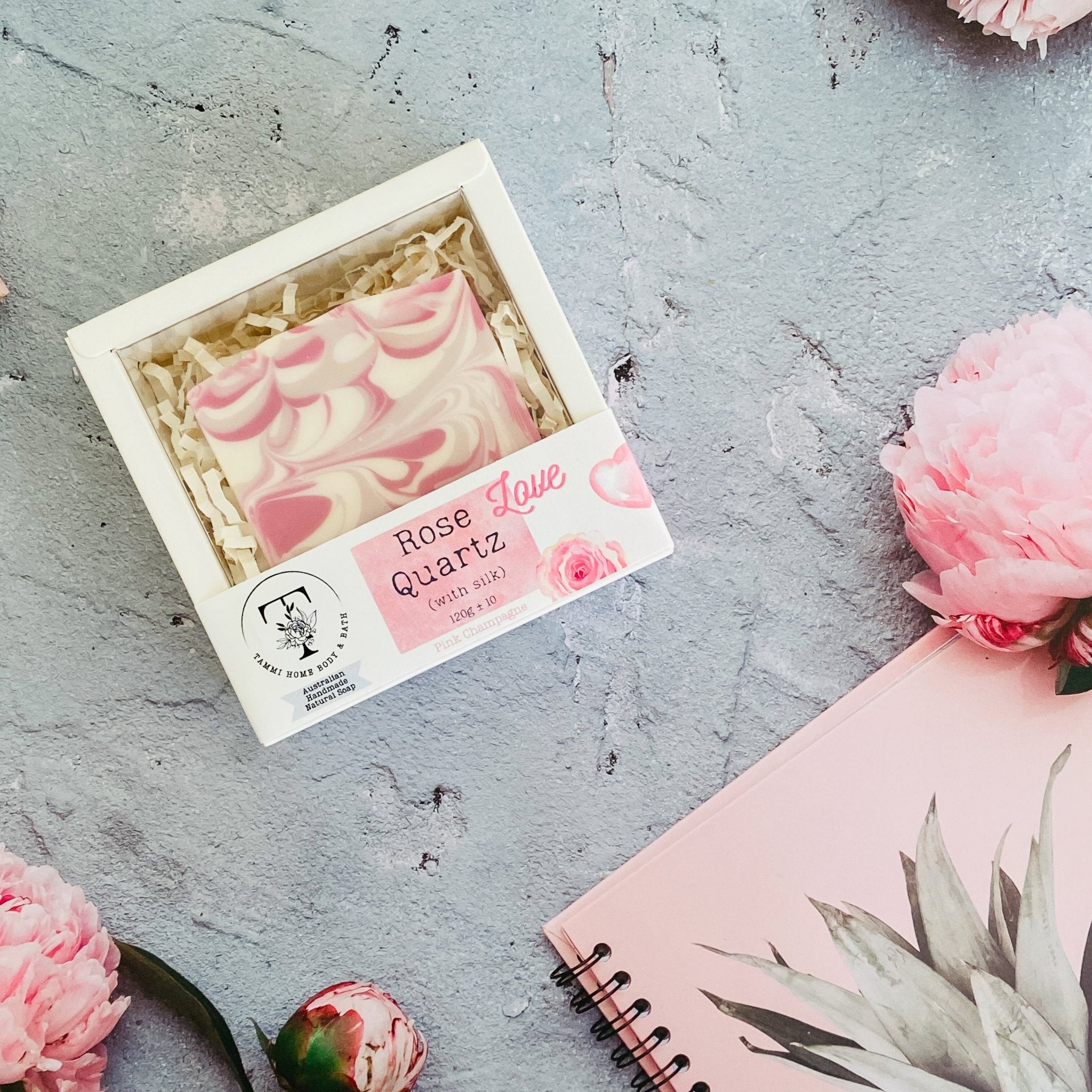 Luxury Artisanal Handmade Soap | Rose Quartz Gemstone with Silk | Pink Champagne Scen - Tammi Home