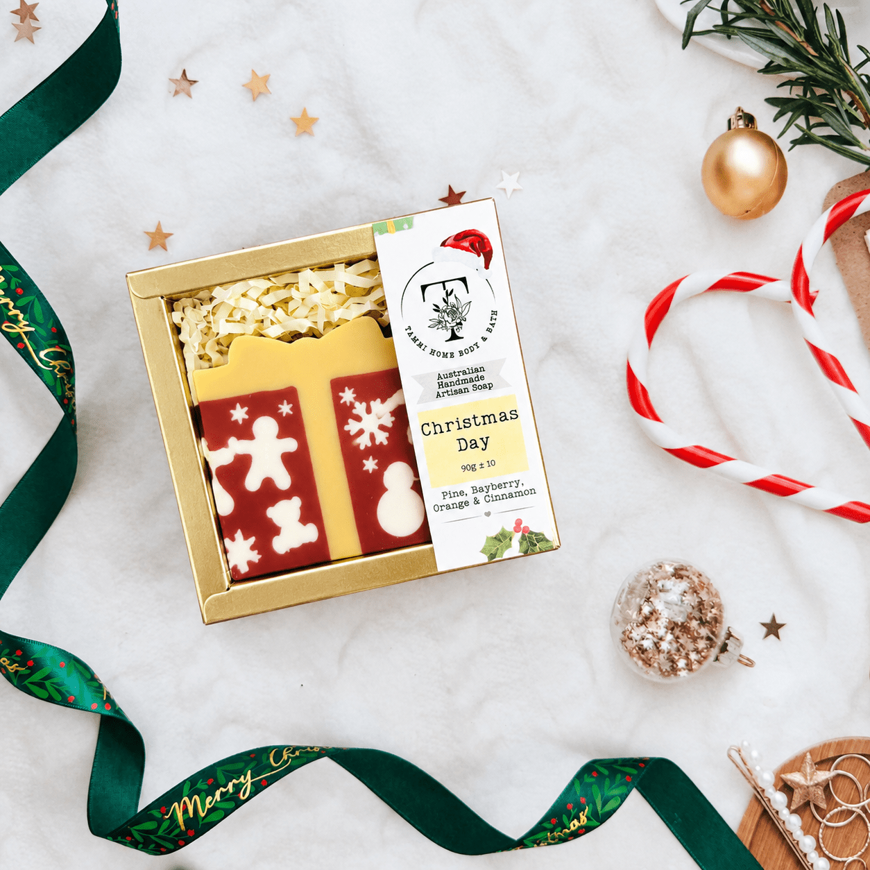 Handmade Artisan Christmas Soap | Christmas Day - Red | Pine, Bayberry, Orange & Cinnamon Scent - Tammi Home