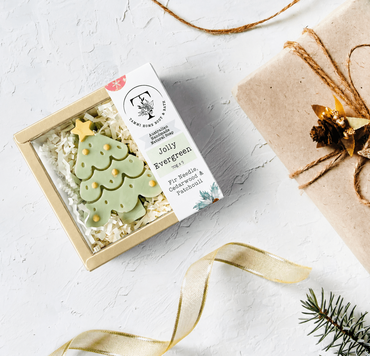 Handmade Artisan Christmas Soap | Jolly Evergreen | Fir Needle, Cedarwood & Patchouli Scent - Tammi Home