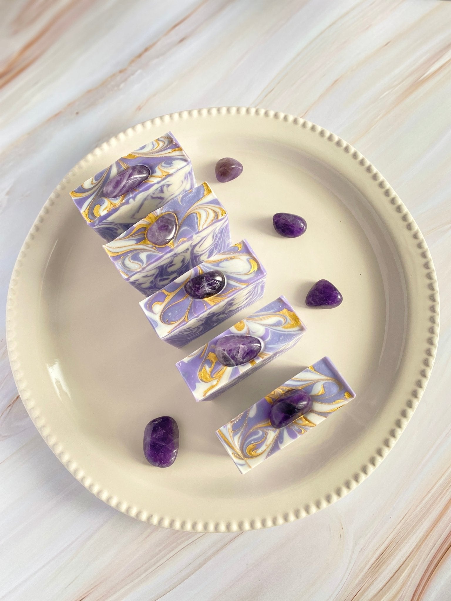 Luxury Artisanal Handmade Soap，Gemstone Collection – Amethyst – Lavender & Ylang Ylang Scent – with Silk - Tammi Home