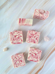 Luxury Artisanal Handmade Soap，Gemstone Collection – Rose Quartz – Pink Champagne Scent – with Silk - Tammi Home